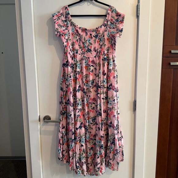 Torrid Off Shoulder Maxi Dress Pink Floral Smocked Hi-Low Hem Short Sleeve Sz 2X - Picture 5 of 5